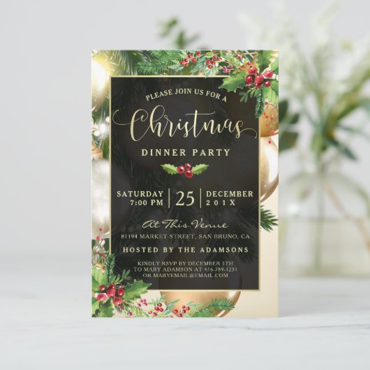 Golden Baubles | Uitnodiging voor kerstfeestdagen (Staand voorkant)