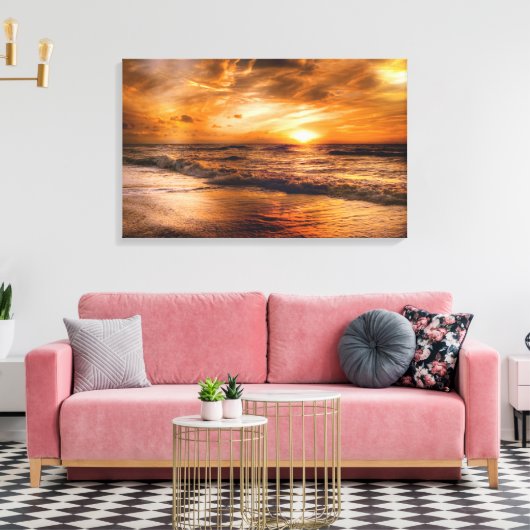 Golden Beach Sunset Cloudy Sky Canvas Afdruk (Insitu (Woonkamer))