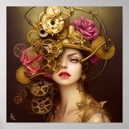 Golden Beauty Steampunk Digital Art Print (Voorkant)