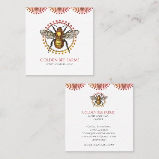 Golden Bee Appiary of Boerderij Honey producten Vierkante Visitekaartje (Voorkant / Achterkant)