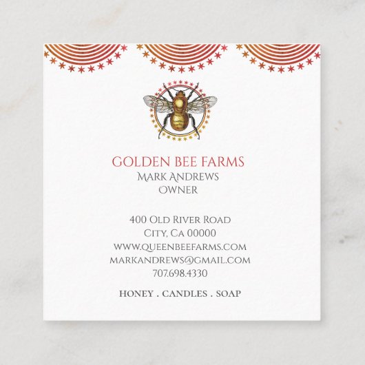 Golden Bee Appiary of Boerderij Honey producten Vierkante Visitekaartje (Achterkant)