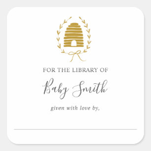 Golden Bee Baby shower Bibliotheek Boekplaat Vierkante Sticker