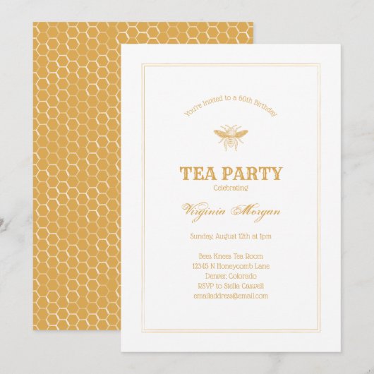 Golden Bee en Honeycomb Tea Party Kaart (Voorkant / Achterkant)