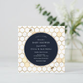 Golden Bee Navy Blue Baby shower Invitation Kaart (Staand voorkant)
