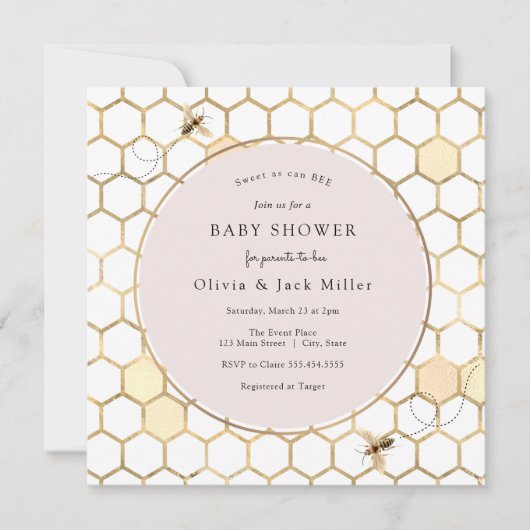 Golden Bee Pink Baby shower Invitation Kaart (Voorkant)