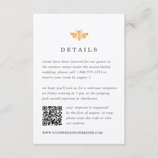 Golden Bee Waterverf QR Code Bruiloft Details Informatiekaartje (Voorkant)