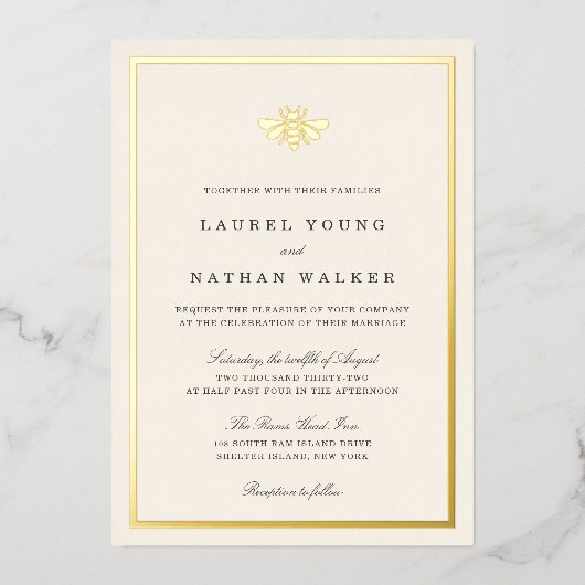 Golden Bee Wedding Folie Uitnodiging (Voorkant)