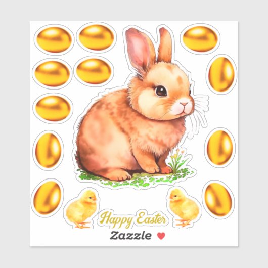 Golden Beige Easter Bunny & Golden Eggs Sticker (Vel)