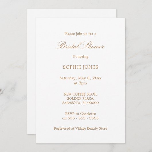 Golden Beige Script Bridal Shower Uitnodiging (Voorkant / Achterkant)