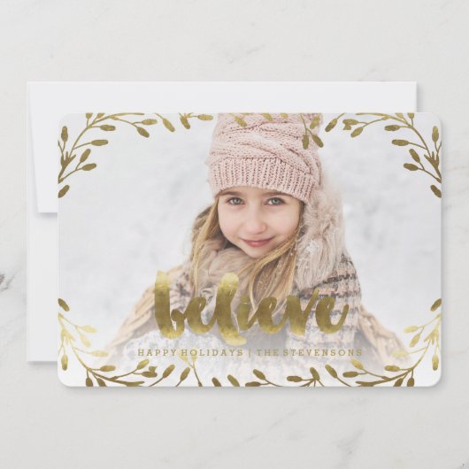 Golden Believe | Whimsical Wreath Holiday Card Feestdagenkaart (Voorkant)