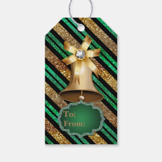 Golden Bell Green Gold en Black Faux Glitter Cadeaulabel (Voorkant)