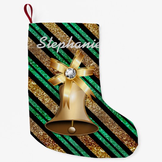 Golden Bell Green Gold en Black Faux Glitter Kleine Kerstsok (Voorkant)