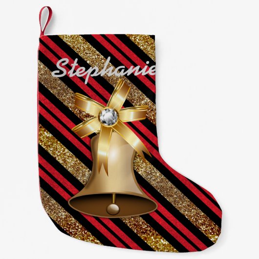 Golden Bell Red Gold en Black Faux Glitter Kleine Kerstsok (Voorkant)