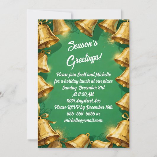 Golden Bells on Green Christmas Party Kaart (Voorkant)