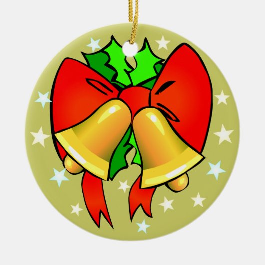 Golden Bells Red Bows Green Holly kerst Keramisch Ornament (Voorkant)
