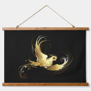 Golden Bird op zwarte achtergrond Hangend Wandkleed