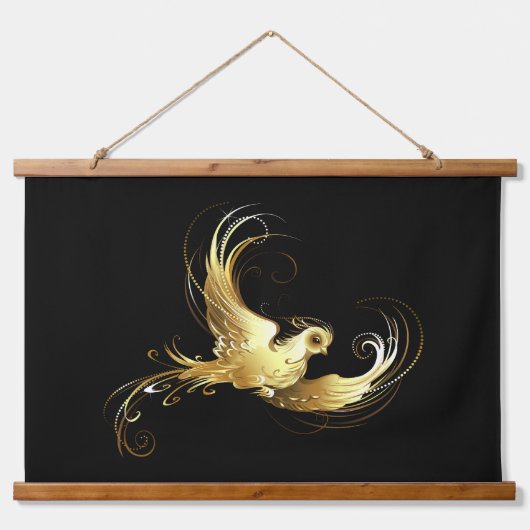 Golden Bird op zwarte achtergrond Hangend Wandkleed (Voorkant)