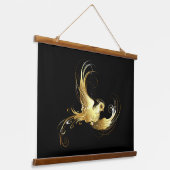Golden Bird op zwarte achtergrond Hangend Wandkleed (Gebogen)