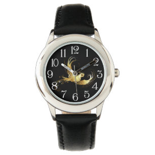 Golden Bird op zwarte achtergrond Horloge