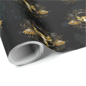 Golden Bird Skull op zwarte achtergrond Cadeaupapier (Rol Hoek)