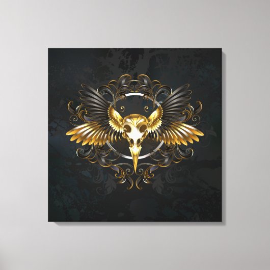 Golden Bird Skull op zwarte achtergrond Canvas Afdruk (Voorkant)