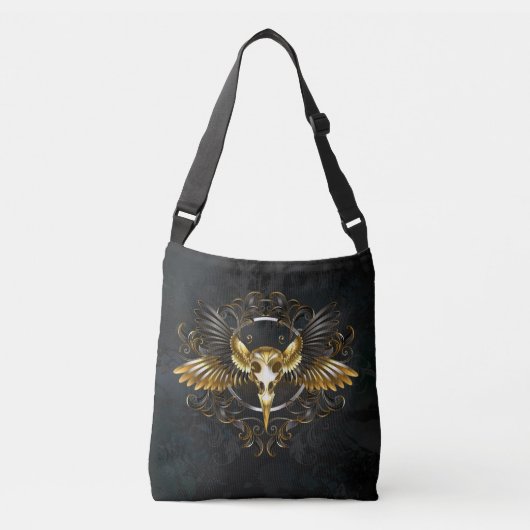 Golden Bird Skull op zwarte achtergrond Crossbody Tas (Voorkant)