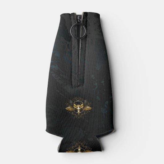Golden Bird Skull op zwarte achtergrond Flesjeskoeler (Achterkant)