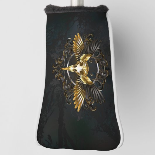 Golden Bird Skull op zwarte achtergrond Golfheadcover (Draai 90)