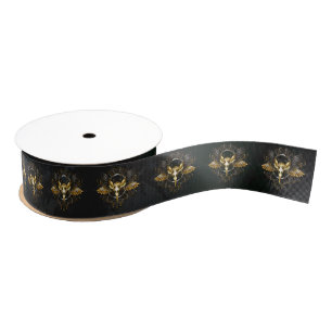 Golden Bird Skull op zwarte achtergrond Grosgrain Lint
