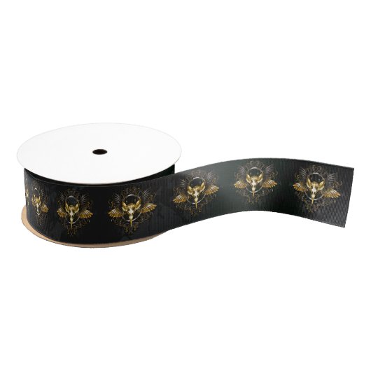 Golden Bird Skull op zwarte achtergrond Grosgrain Lint (Spoel)