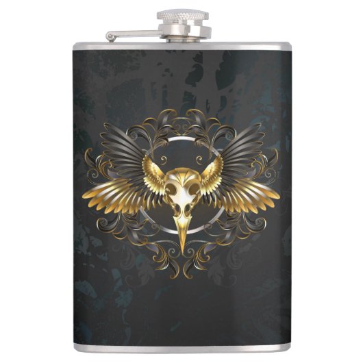 Golden Bird Skull op zwarte achtergrond Heupfles (Voorkant)