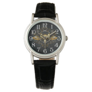 Golden Bird Skull op zwarte achtergrond Horloge