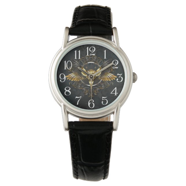 Golden Bird Skull op zwarte achtergrond Horloge (Voorkant)