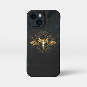 Golden Bird Skull op zwarte achtergrond iPhone 13 Mini Hoesje