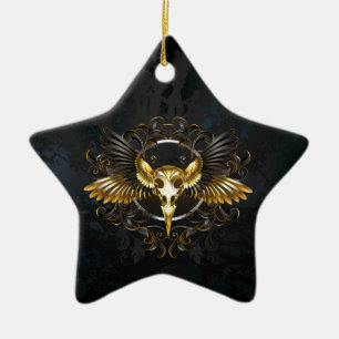 Golden Bird Skull op zwarte achtergrond Keramisch Ornament