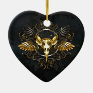 Golden Bird Skull op zwarte achtergrond Keramisch Ornament