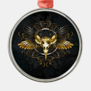 Golden Bird Skull op zwarte achtergrond Metalen Ornament
