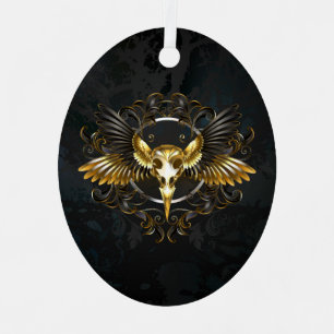 Golden Bird Skull op zwarte achtergrond Metalen Ornament