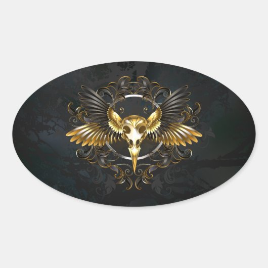 Golden Bird Skull op zwarte achtergrond Ovale Sticker (Voorkant)
