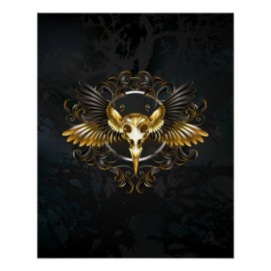 Golden Bird Skull op zwarte achtergrond Perfect Poster