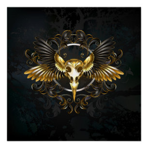 Golden Bird Skull op zwarte achtergrond Perfect Poster