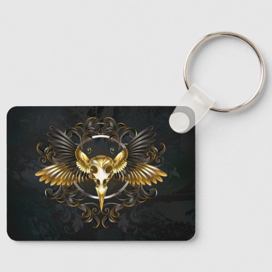 Golden Bird Skull op zwarte achtergrond Sleutelhanger (Voorkant)