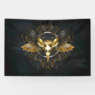 Golden Bird Skull op zwarte achtergrond Spandoek