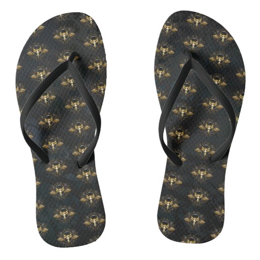 Golden Bird Skull op zwarte achtergrond Teenslippers (Voetbed)