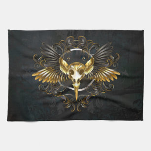 Golden Bird Skull op zwarte achtergrond Theedoek