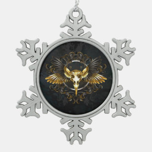 Golden Bird Skull op zwarte achtergrond Tin Sneeuwvlok Ornament