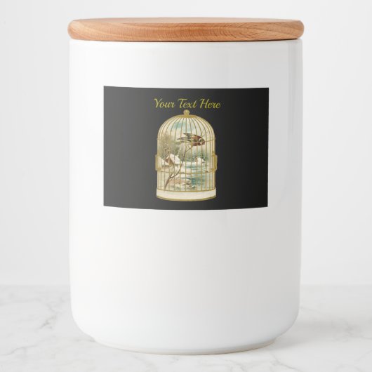 Golden Birdcage Winter Cabin Scene Bird Black Voedselcontainer Etiket (Voorkant)