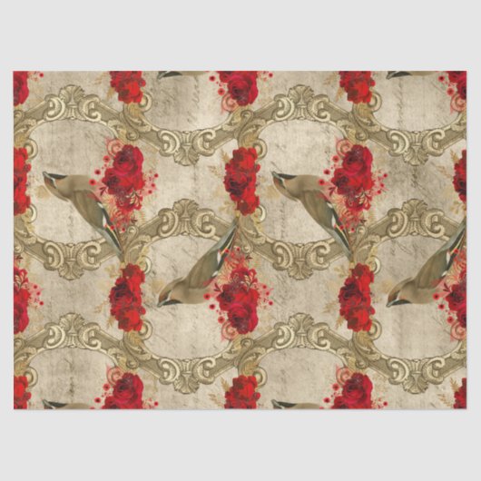 Golden Birds en Red Floral ontkoppeling Tissuepapier (Voorkant)