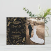 Golden Black Art bruiloft uitnodigingen met foto (Staand voorkant)