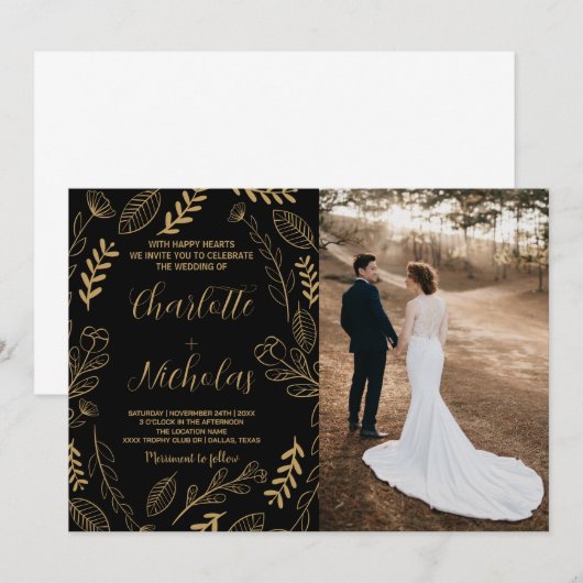 Golden Black Art bruiloft uitnodigingen met foto (Voorkant / Achterkant)